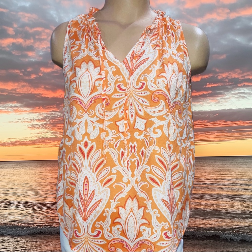Ann Taylor Loft Petite Sleeveless Draped Top Orange Tropical Paisley Size SP